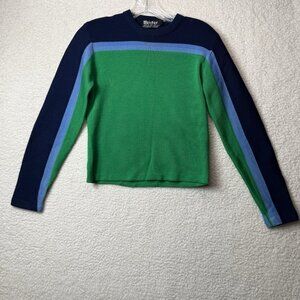 Vtg 80s MEISTER Pure Wool SWEATER Blue Green Stripe Knit Size 34 Fits Small READ